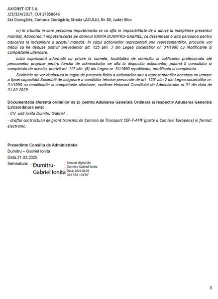 Convocarea Adunarilor Generale Ordinara si Extraordinara a Actionarilor